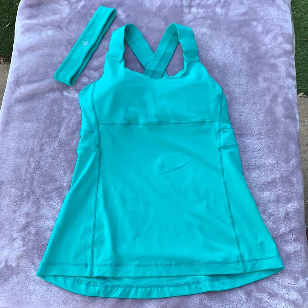 Lululemon green cross back tank sz 6 w/ headband